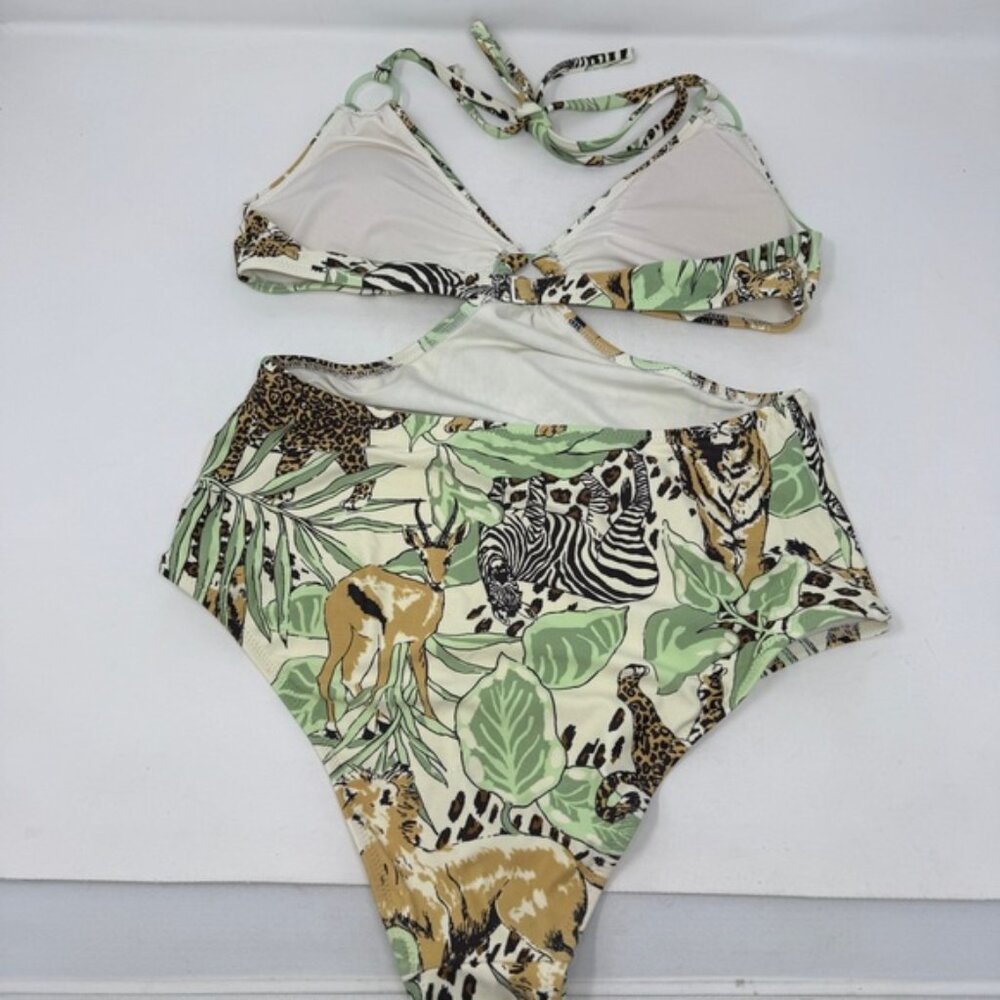 Aerie Cheeky Tropical Animal Print One Piece Cut Outs V-Neck Zoo Animals - Picture 4 of 6